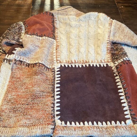 Vintage Kensington Patchwork Cable Knit & Leather Boho Cardigan Sweater large - Picture 8 of 8